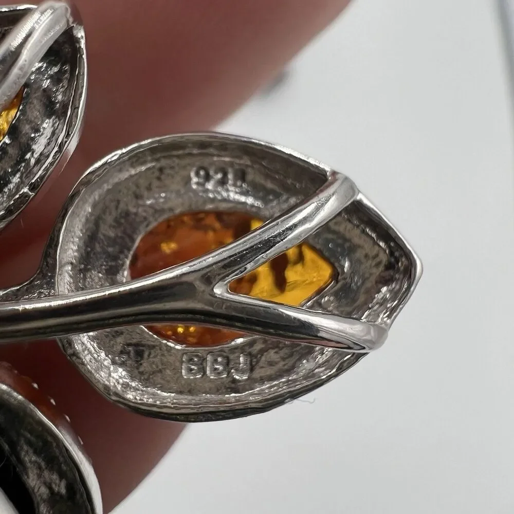 STERLING SILVER Amber Pendant Large Green & Orange Baltic Amber Leaf 18.4 Grams